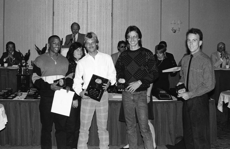 The RAW Racing team accepts awards for winning the Lightweight class of the WERA/EBC National Endurance Series in 1989. Team riders are (from left) Steve Patterson, Kirk Reuille, Kevin Rentzell and Alan Bertagnoli. (Larry Lawrence photo)
