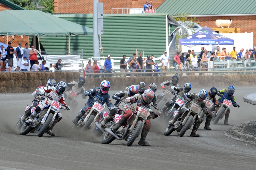 Jeffery Lowery (No. 23F) leads the pack on his Englehart Racing Honda at the start of a Pro Singles heat race at Colonial Downs in New Kent, Virginia on Aug. 24, 2013. (Larry Lawrence photo)