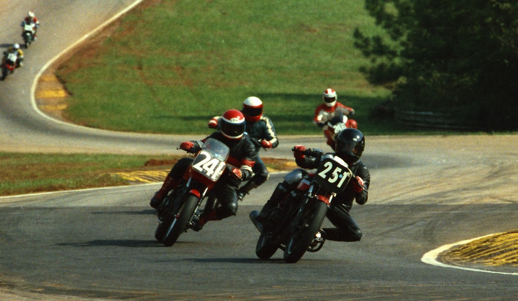 Scott Walter (No. 251) races his Kawasaki GPz550 at the WERA Grand National Final at Road Atlanta in 1985. Chasing Walters in what is likely a practice session is Steve Sighter (No. 241), an unidentified rider and Jeff Dean (No. 246). (Larry Lawrence photo)