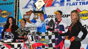 Briar Bauman (center) celebrated his first AMA Grand National victory. (Larry Lawrence photo)