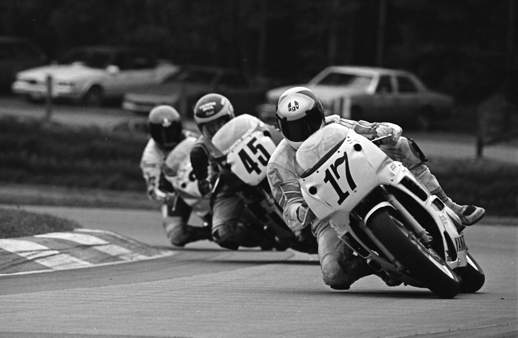 Minnesota road racers John Jacob (No. 17 leads New Jersey’s John Condron (No. 45) and Pennsylvania’s Doug Tosten late in the AMA 600 Supersport race at Mid-Ohio Sports Car Course in August of 1990. These guys had a great battle to finish inside the top 10 at Mid-Ohio that day that went down to the final lap. It was Jacob edging Tosten and Condron, in that order to get tenth. (Larry Lawrence photo)