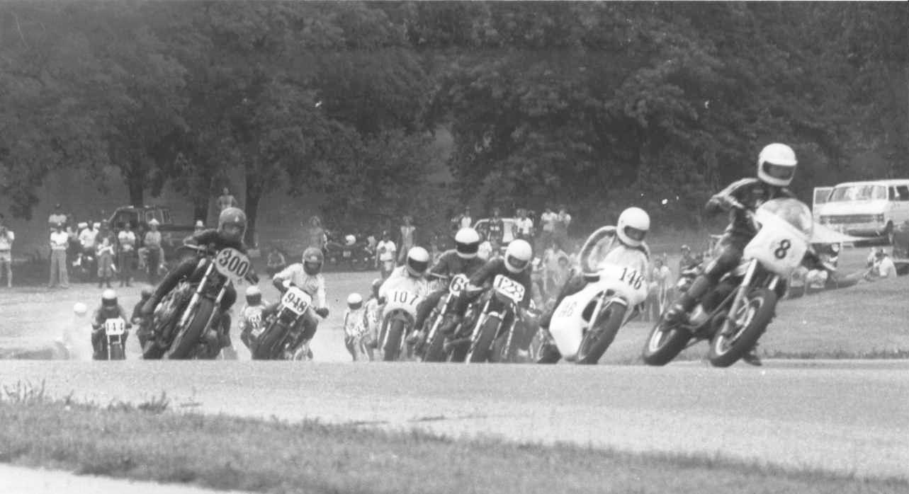 A photo from WERA’s Terre Haute street race in 1979. Legend has it that one race was red flagged when a train rolled through the middle of the course.  (Glenn Iles photo courtesy Alex Bub)