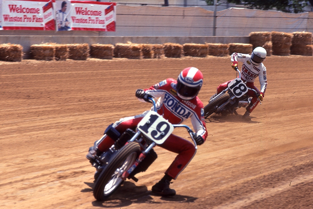Freddie Spencer flat tracking Honda’s NS750 at the Indy Mile in 1981. This photo is part of a new series we’ll be featuring, the Silver Shutter Collection, shot by well-known racing photographer Bert Shepard. (From the Silver Shutter Collection)