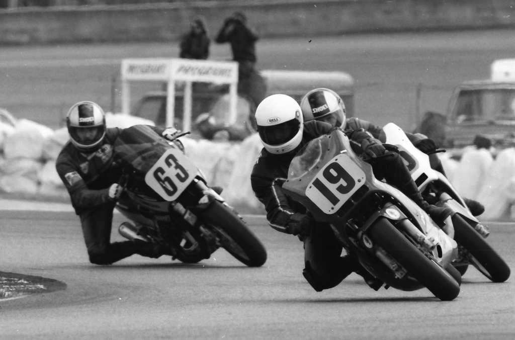 Eric Phillippe leads a pair of riders that includes Jim Whitaker (No. 63) in the 1989 Daytona Pro Twins (Battle of the Twins) race. (Larry Lawrence photo)