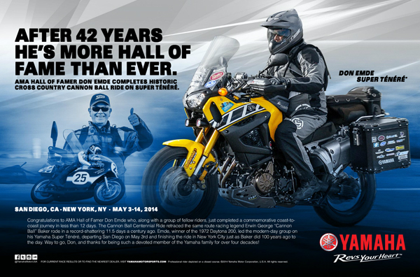 Yamaha's celebratory ad about Emde's Cannon Ball adventure.