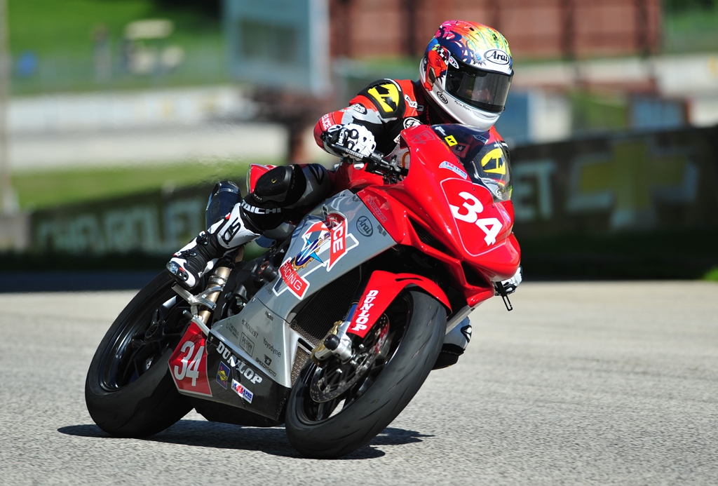 Michael Barnes showed up at Elkhart Lake on this gorgeous MV Agusta F3 675. The bike is such a thing of beauty; you just hope Barney doesn’t put a scratch on it. For the first time out he ran fairly strong. He was 14th in Friday’s Daytona Sportbike qualifying, just behind Kyle Wyman and just in front of Joe Roberts. It’s got a sweet growl too. (Larry Lawrence photo)