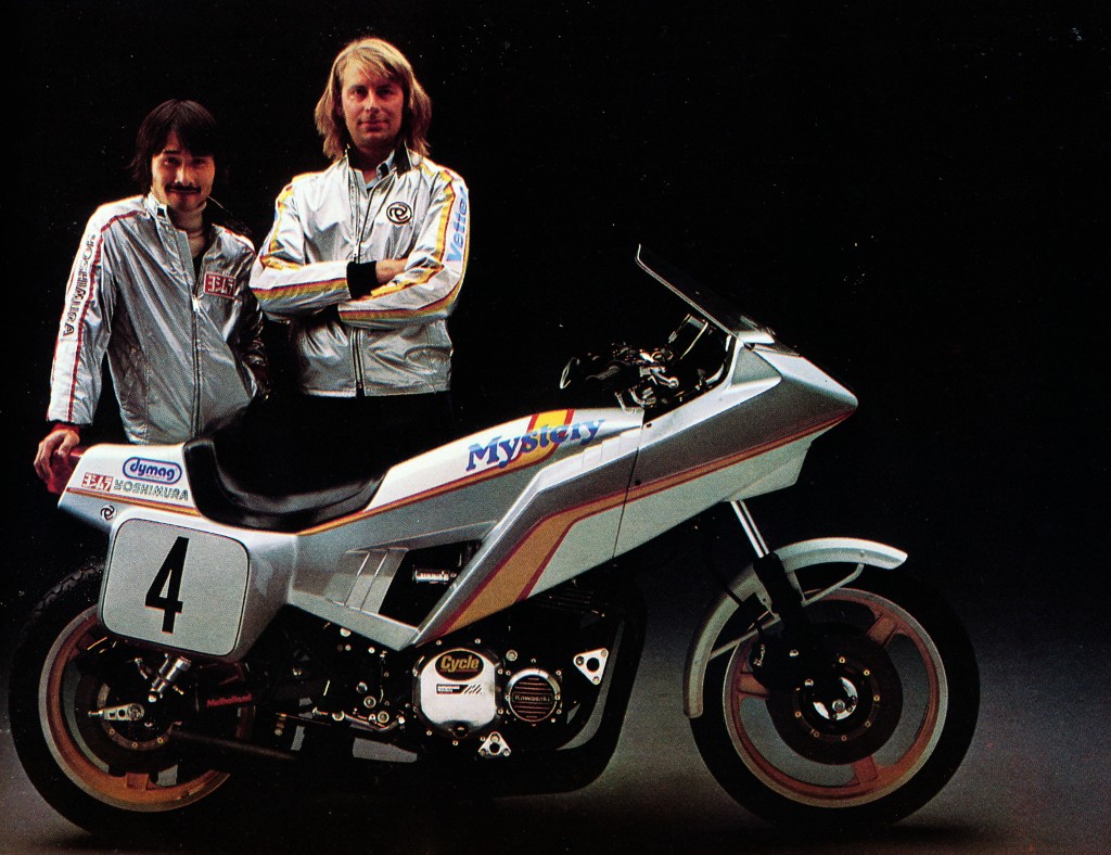 Fujio Yoshimura and Craig Vetter stand proudly behind one of Vetter’s Kawasaki KZ1000-based motorcycle’s dubbed the Mystery Ship. Yoshimura supply the power to Vetter “far-out” vision of a futuristic sport bike. Reportedly only 10 of the Mystery Ships were ever built.