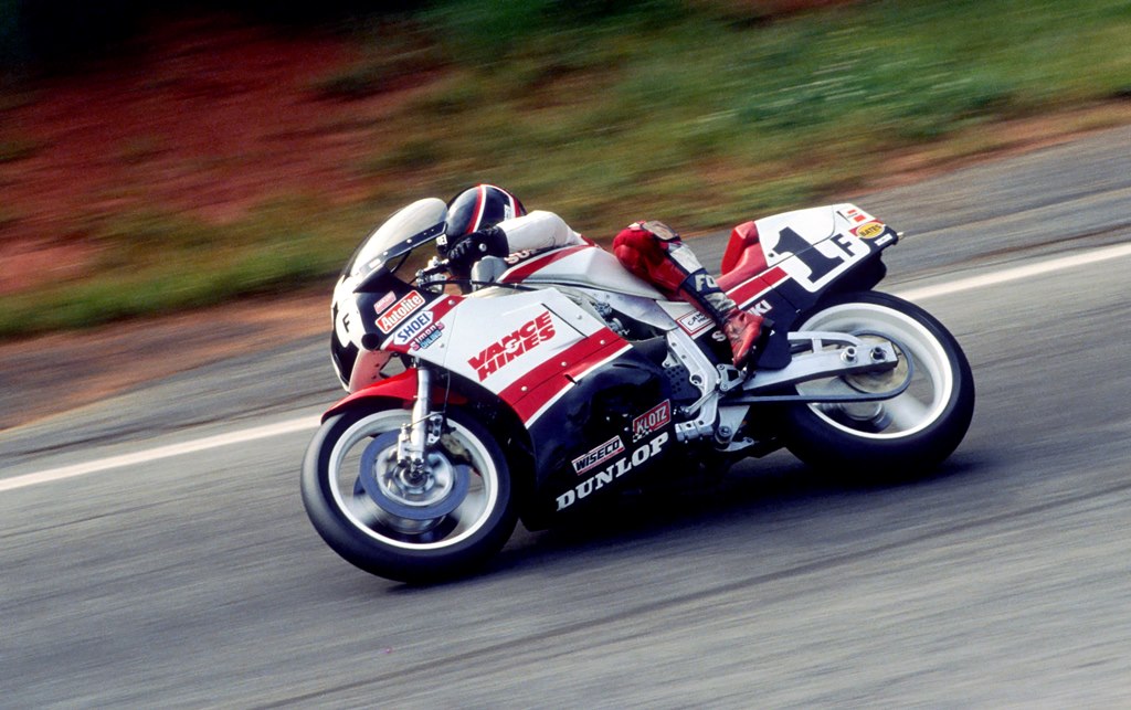 Randy Renfrow shows that with the right rider, tires and bike, riders of the 1980s could attain some pretty serious lean angles. This shot of Renfrow racing the Vance & Hines Suzuki is from the AMA Superbike race at Road Atlanta in 1987. (Larry Lawrence photo)