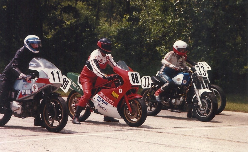 Alex Bub sent this nice shot of the front row of a CCS race at Blackhawk Farms Raceway with Ducati riders Charlie Lang (No. 11), Brian French (No. 88) and Bub himself on his No. 33 Harley-Davidson. (Alex bub collection)