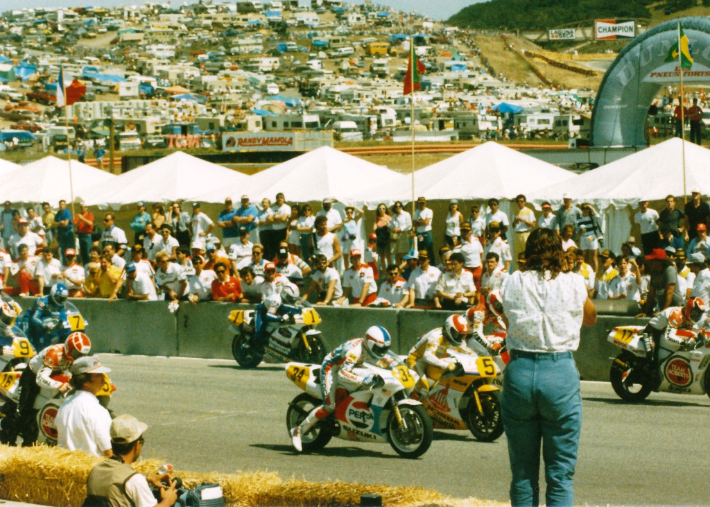 Few things in racing match the intensity of a start of a world championship race. That was magnified many times over with the start pictured here. This is the moment the bikes are launching for the 1988 U.S. Grand Prix at Laguna Seca. It marked the first round of a Motorcycle Grand Prix to be held in America in over 20 years. (Rick Leventhal Collection)