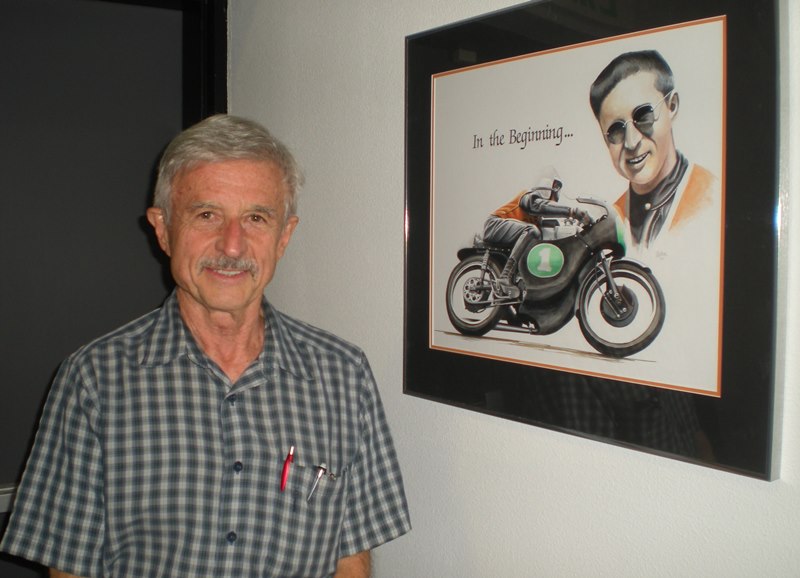 Norris Rancourt stands next to a painting of him racing the famous Orrin Hall-built Parilla. Norris was the 250 rider to beat on the West Coast in the early ‘60s. He had a family and two jobs and decided he needed to quit racing. Orrin convinced him to go to Daytona in 1964 to test themselves against the factory bikes and riders. Norris, Orrin and their little Parilla proved they were national class by beating all but one of the factory Harleys and Yamahas. (Larry Lawrence photo)