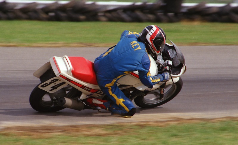 Ed Key races a Kawasaki EX500 though the carousel at Indianapolis Raceway Park during a WERA sprint race in October of 1987. Kawasaki was paying decent contingency money in WERA D Production, which led a number of top club racers to compete in the class that year.  (Greg Sickmeier Collection)