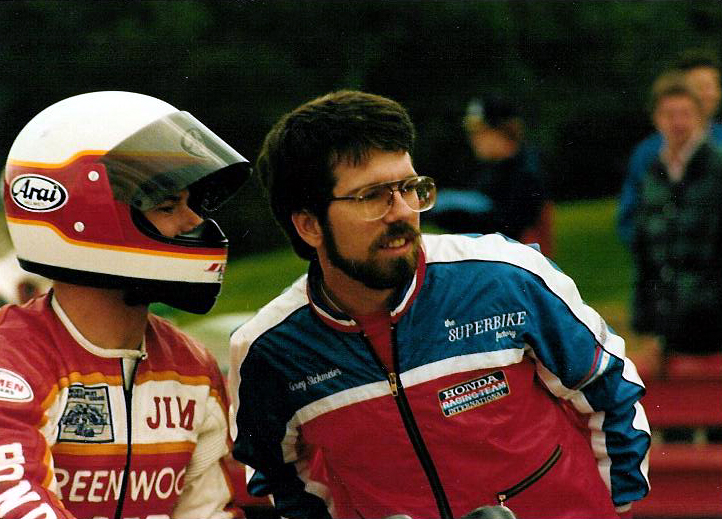 Racer Jim Knipp talks to crew chief Greg Sickmeier before the start of the AMA Superbike race at Mid-Ohio Sports Car Course in 1983. Knipp and Sickmeier were part of a team based out of Greenwood (Indiana) Honda called the Superbike Factory. (Larry Lawrence photo)