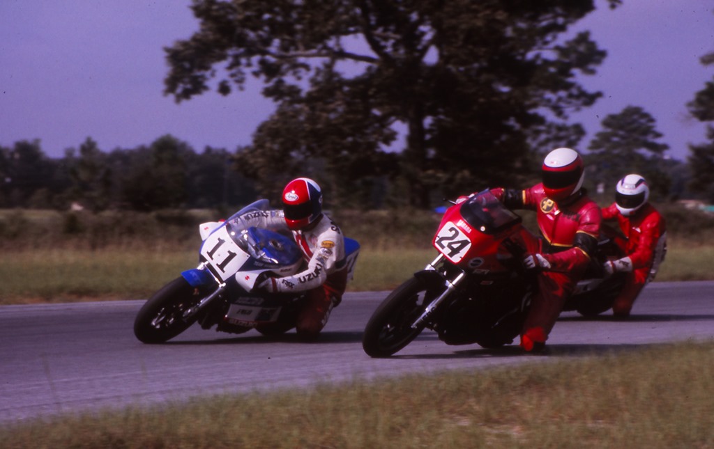David Sadowski races the Team Hammer Suzuki around Buck Clemson on a Yamaha FJ600 at a WERA National Endurance race at Roebling Road in Sept. of 1986. It appears Glenn Cooper is taking the opportunity to follow Ski’s line on his Kawasaki Ninja 600 to try to get around Clemson too. (Larry Lawrence photo)