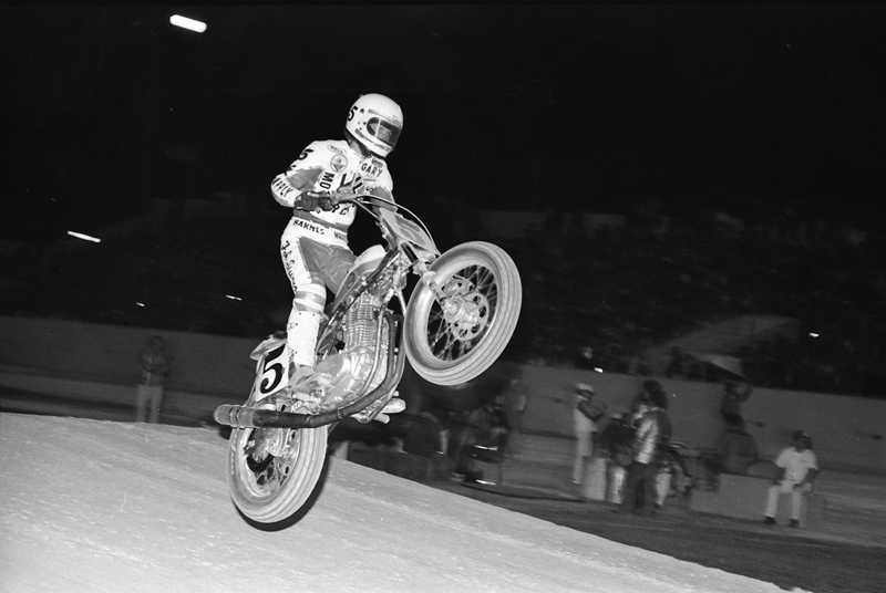 Gary Scott going over the big jump on a Honda at the Daytona TT at the old Memorial Stadium in March of 1981. Scott finished third that night behind winner Mickey Fay and second-place Butch Brown. (Henny Ray Abrams photo)