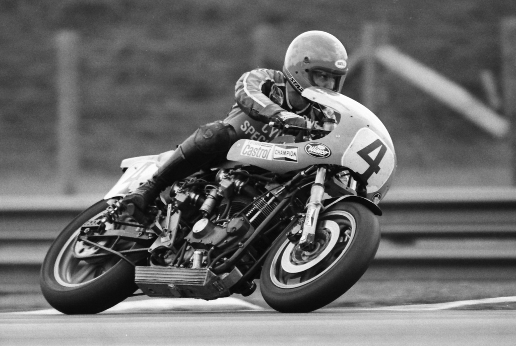 You look at David McClure’s Harley-Davidson Battle of the Twins bike and you can tell it’s all business. The photo of this industrial beast of a racebike was taken at Mid-Ohio in September of 1984. McClure was on his way to winning his fifth race of the 10-event season and the AMA Battle of the Twins Modified class championship. (Henny Ray Abrams photo)