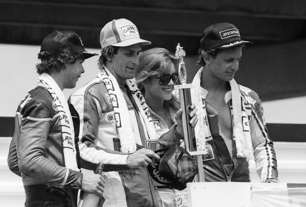 Rich Schlachter shares the podium with second-place James Stephens (left) and Donny Greene, who finished third, after Schlachter, who raced for MacLean Racing Honda, won the Pocono AMA 250 Grand Prix in June of 1985. Schlachter was on a hot streak, having won a week earlier in Loudon as well. (Henny Ray Abrams photo)