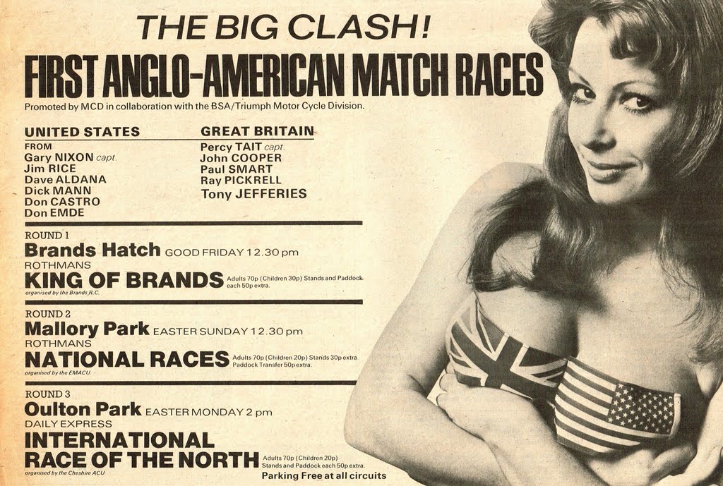 A typically clever British ad for the first Anglo-American Match Races in 1971. The Brit vs. America event was later also call the Transatlantic Match races. Could the series be revived soon? There was talk of a renewal of the event at the MotoAmerica finale.