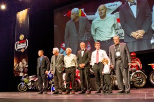 AMA Motorcycle Hall of Fame Class of 2015 (l-r): Rodney Smith, John Parham, Alex Jorgensen, Keith McCarty, John Kocinski (with son) and Richard Teerlink. (Photo credit: Jeff Guciardo/AMA)