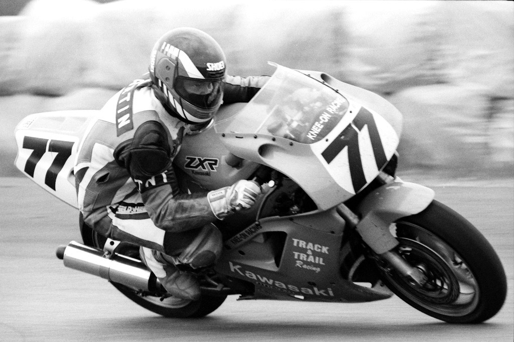 Bill Martin races the Knee-On Racing Kawasaki ZX-7R during a Vanson/PM WERA National Endurance race at Putnam Park Road Course in May of 1992. It was the very first motorcycle race held at the track in central Indiana. (Larry Lawrence photo)