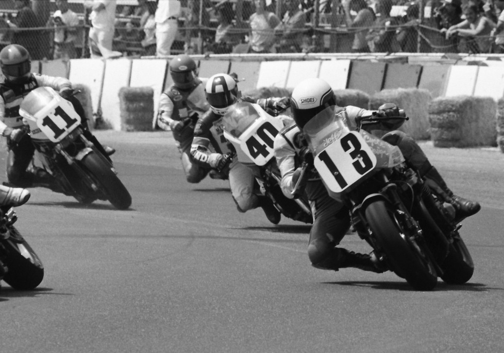 Jeff Heino (13), on his Suzuki GS750ES, leads a group of riders in the AMA Superbike race at Riverside Intl. Raceway on April 17, 1983. Also visible is David Aldana (40), Roberto Pietri (11) and Wayne Rainey (behind No. 40 Aldana). The Suzuki GS750ES was fairly rare in AMA Superbike. (Photo by Dale Brown/Cycle News Photo Archives)