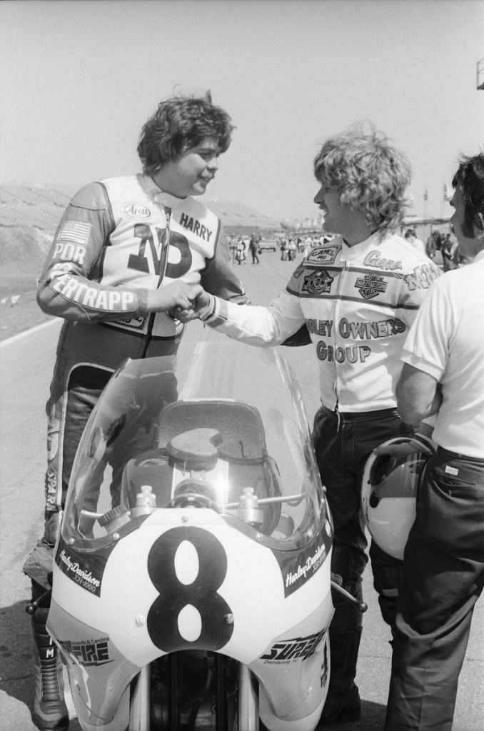 Harry Klinzmann and Gene Church have a friendly discussion before the start of the 1984 Daytona AMA Battle of the Twins race. Battle of the Twins, especially at Daytona, rivaled the popularity of Superbike and AMA Formula 1 during this era of the series simply because the motorcycles raced in the class were so unique. (Photo by Dale Brown/Cycle News Photo Archives)