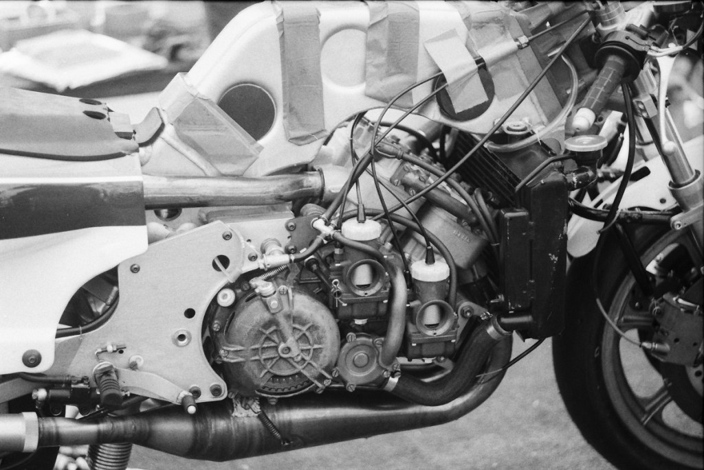 The square four of the Kawasaki KR500 GP machine as ridden by Eddie Lawson at Laguna Seca in 1982. (Cycle News Photo Archives)