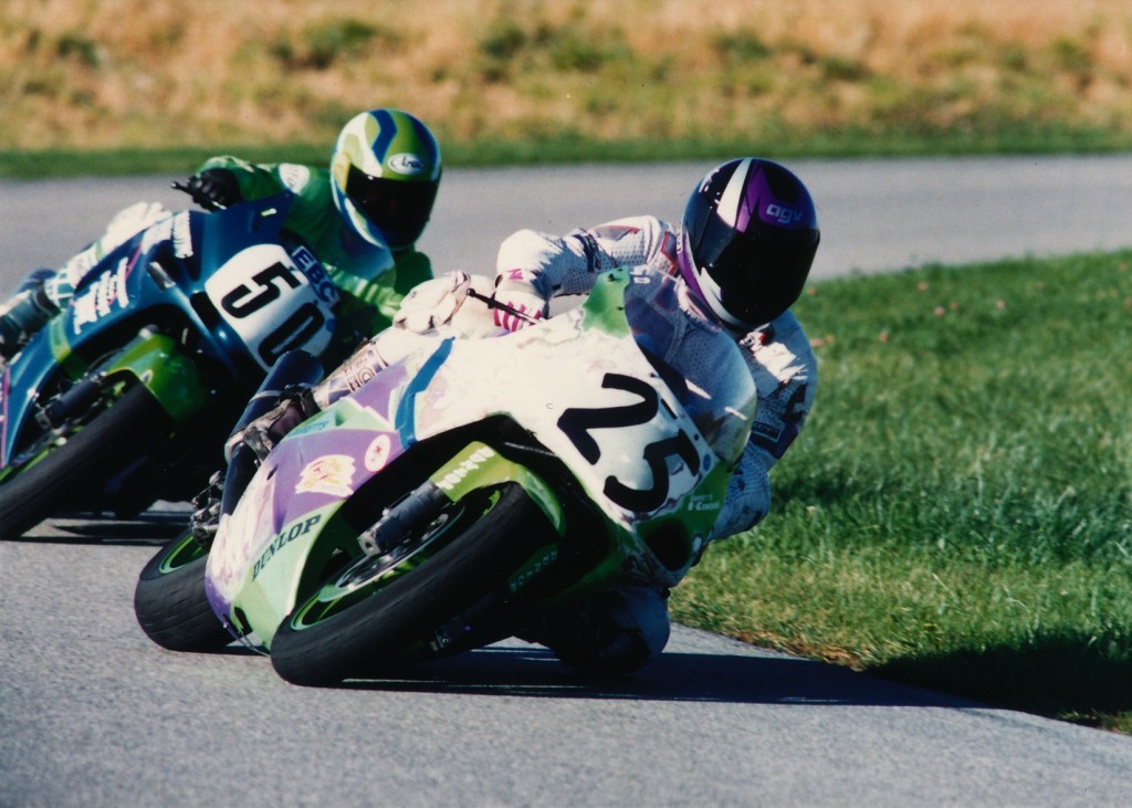 Ray Litton was the big winner at Putnam Park Road Course during a WERA Sprint weekend in October of 1994. Here Litton races his Kawasaki ZX-7 in front of Mike Reed in the A Superstock final. (Larry Lawrence photo)