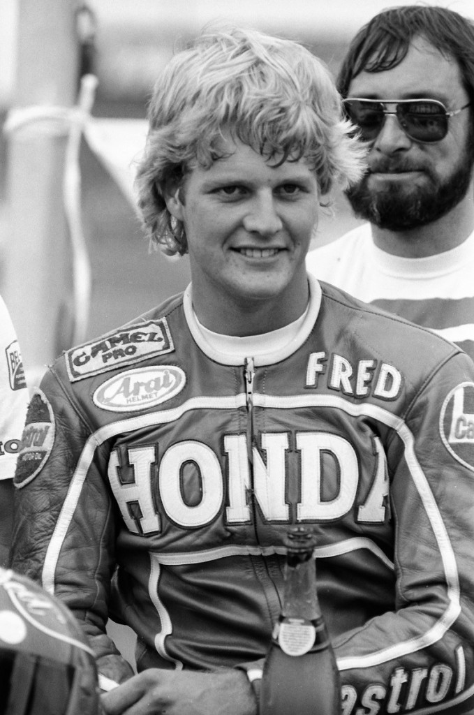 Fred Merkel smiles in victory lane after winning his very first AMA Superbike race at Portland International Raceway in July of 1983. Merkel won the race over Honda teammate Mike Baldwin and Sam McDonald, who finished third. (Dale Brown Photo/Cycle News Photo Archives)