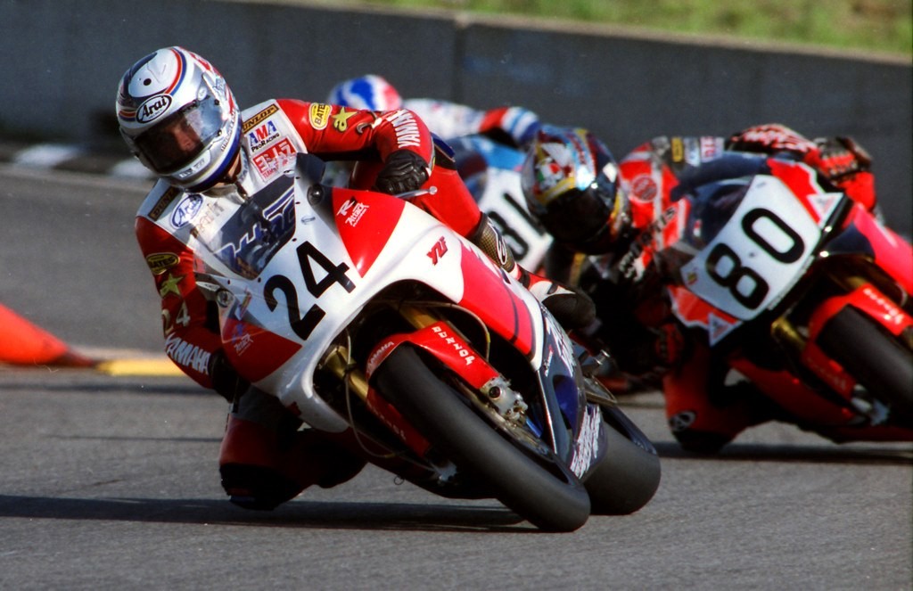 Mark Miller leads Kurtis Roberts and Josh Hayes in the Loudon, N.H., round of the AMA Formula Xtreme Series at New Hampshire International Speedway in June of 1999. Miller set a class track record of 1:12.291 en route to qualifying on the pole for this race on the Attack Performance Yamaha R1.  (Tom Riles Collection)