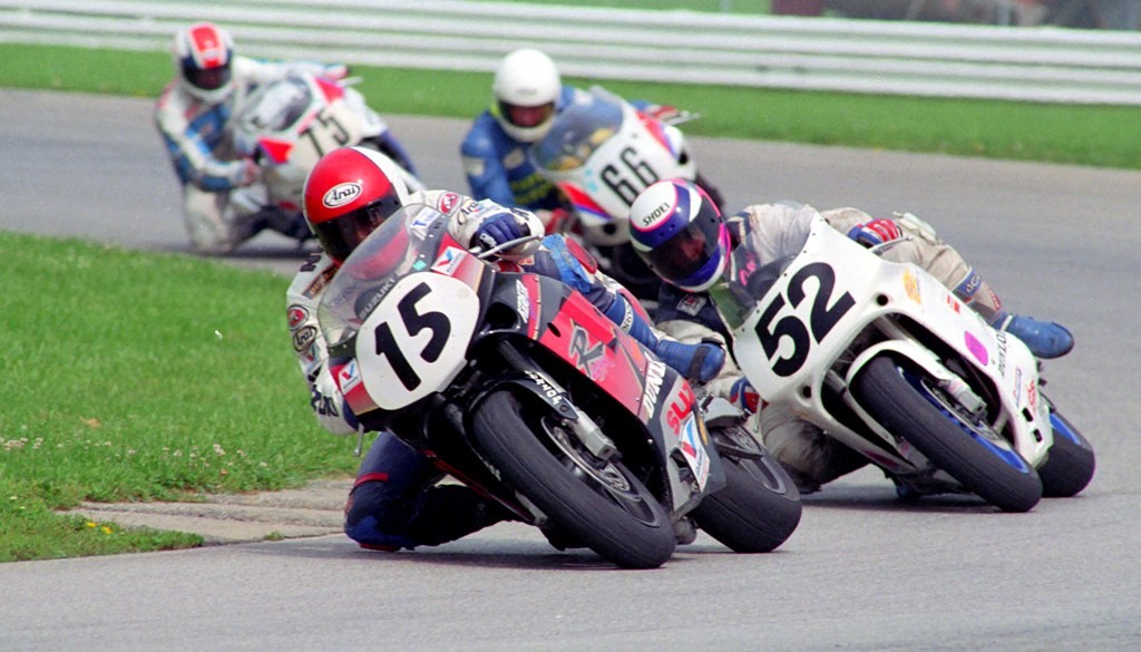 Stevie Patterson leads Ray Yoder in a WERA National Sprint race at Indianapolis Raceway Park in August of 1992. This is likely a WERA/Dunlop Superstock race, but I’m not certain which class. Patterson raced in all three Dunlop Superstock classes (1100, 750 and 600) that day. (Larry Lawrence photo)