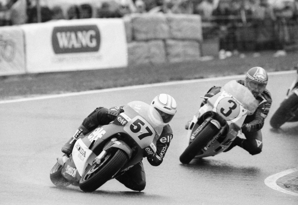 Pierre-Etienne Samin leads countryman Raymond Roche at the rainy 1985 Dutch TT at Assen in the Netherlands. Samin was an endurance racing specialist who’d won the prestigious Le Mans 24 and Bol d'Or 24 Hour races and perhaps even more impressively scored the pole for the Suzuka Eight Hour in 1982 with the factory Suzuki squad. He finished a very credible fifth in in the 500c Grand Prix at Assen that year. (Henny Ray Abrams photo)