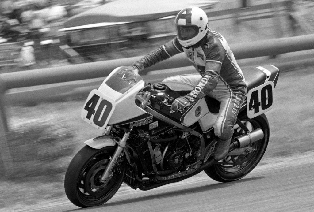 David Aldana is hard on the binders aboard his factory-supported Honda VF750 Interceptor Superbike at the AMA Superbike race at Laguna Seca in 1983. It was the first year that AMA Superbike went to the 750cc rule and Honda responded with the potent VF750. (Photo by Dale Brown/Cycle News Photo Archives)