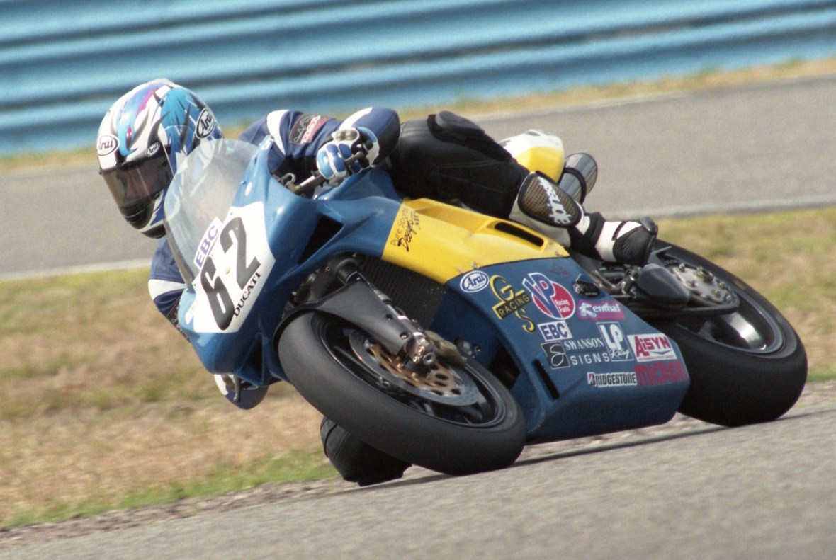 Sacramento, California racer Cory Call corners the GS Racing Ducati through a turn at Daytona International Speedway en route to winning the opening round of the 1999 AMA Progressive Insurance Pro Thunder Series. Call pulled away to win by 6.190-seconds over Shawn Conrad. (Henny Ray Abrams photo)