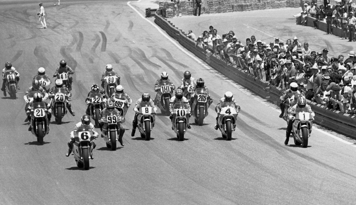 The start of one of the legs of the July 13, 1986 AMA Formula One race at Laguna Seca Raceway in Monterey, Calif. Mike Baldwin (No. 1) returned from GP racing that year to win the overall ahead of teammate Randy Mamola (No. 8). Also visible in the shot are Wayne Rainey (No. 6) getting the holeshot, Kork Ballington (No. 99), Doug Chandler (No. 10), Eddie Lawson (No. 4), Keith Pinkstaff (No. 21), Larry Shorts (No. 20), Miles Baldwin (No. 22), Gary Goodfellow (No. 499), Doug Polen (No. 265), Doug Brauneck (No. 46), Dr. Dave Kieffer (No. 91), Carry Andrew (No. 41), David Harris (No. 90), Malcolm Hill (No. 181), Dave Schlosser (No. 59) and Randy Renfrow and Dan Chivington tucked in behind Mike Baldwin. (Photo by Paul Carruthers/Cycle News Collection)