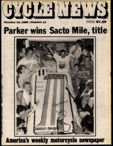 Scott Parker clinched the 1988 title at the Sacramento Mile and the team celebrated with a giant cake. Of course seconds after this cover photo was taken by photographer Mitch Friedman it turned into a massive food fight.