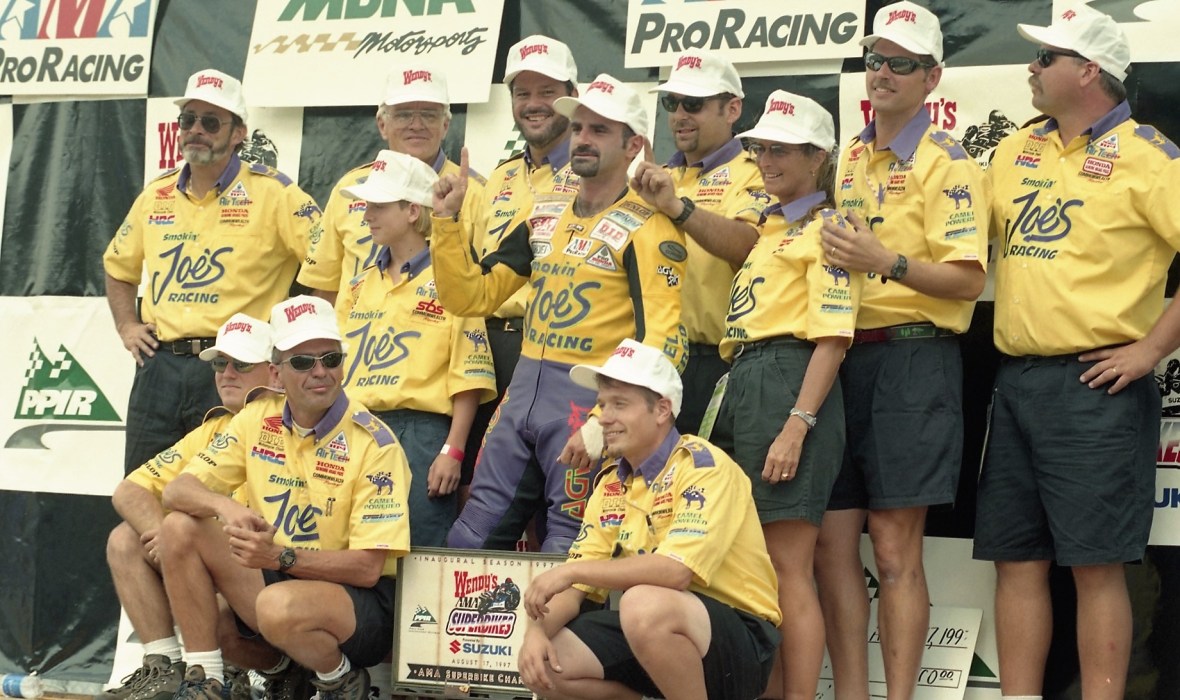 The factory Honda team celebrates with a group photo on the podium after Miguel Duhamel won the AMA Superbike round at Pike Peak International Raceway on Aug. 17, 1997 over Kawasaki’s Doug Chandler and Yamaha’s Tom Kipp. (Henny Ray Abrams photo)