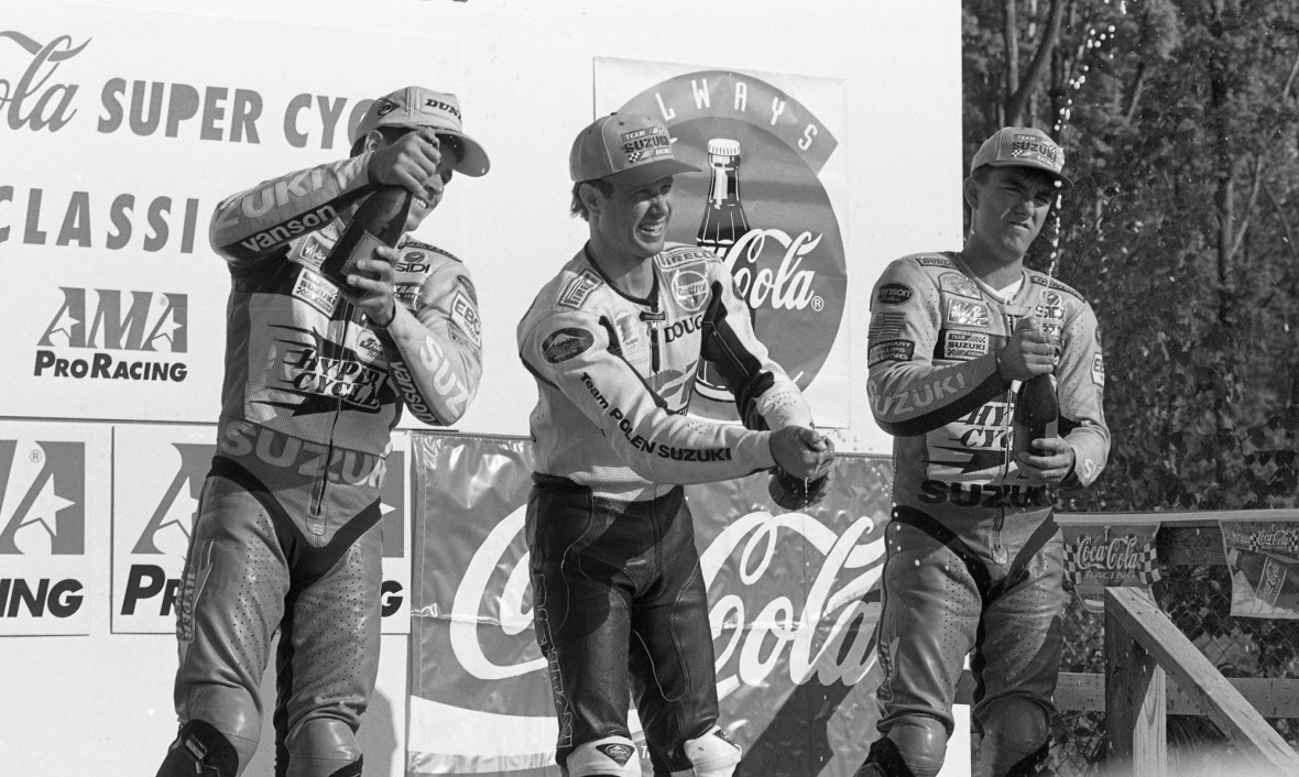 Doug Polen scored his first AMA national road race victory in the 1987 Daytona 600 Supersport race. Ten years later and Polen stood atop the 750 Supersport podium at Elkhart Lake, Wisconsin, on June 7, 1997, taking his final AMA national road race victory. (Henny Ray Abrams photo)