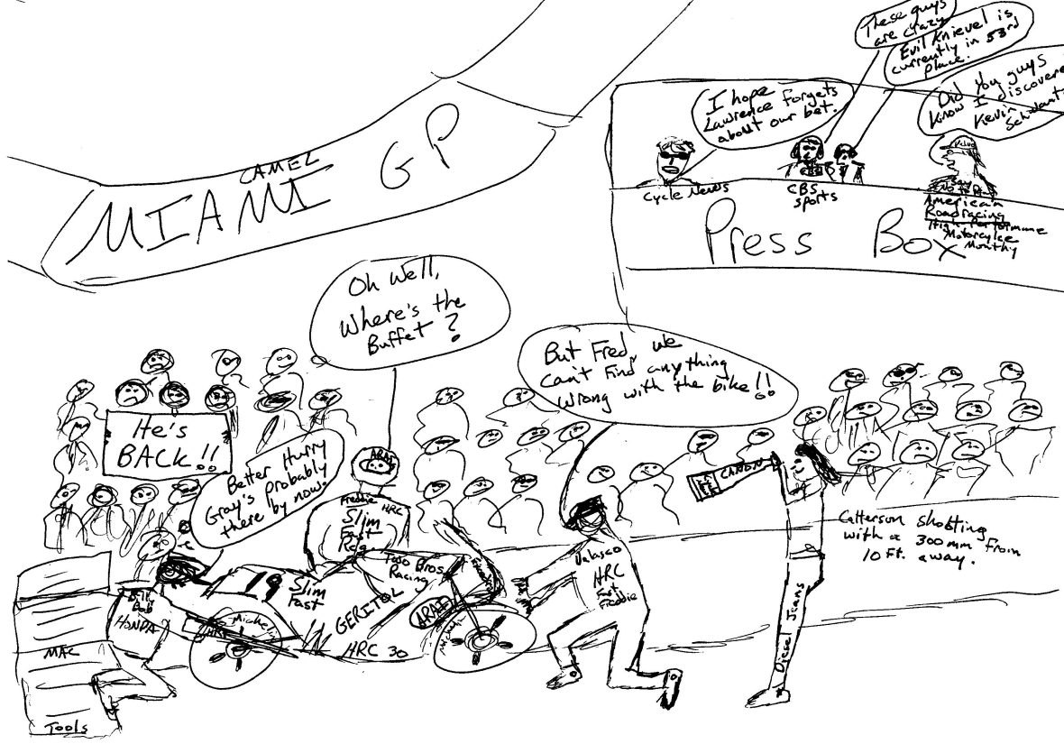 Moto-Journalist Larry Lawrence had a little fun attempting to be a cartoonist when Freddie Spencer made his racing comeback in the AMA Superbike race on the streets of Miami. Apologies to my good friend Freddie for this. :)