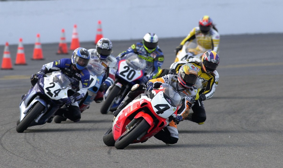A great battle just inside the top 10 developed in the 2000 Daytona 600 Supersport race and the group swapped positions nearly every lap. This photo caught Steve Crevier (No. 4) leading the group of talented riders. (Henny Ray Abrams photo)