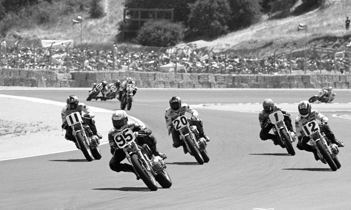 Matt Wait leads Harley-Davidson SuperTwins action at Laguna Seca in July of 1996.